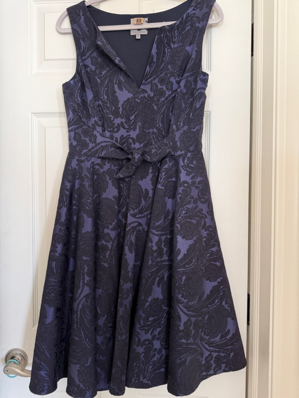 Sleeveless Navy Floral Jacquard Fit & Flare Dress